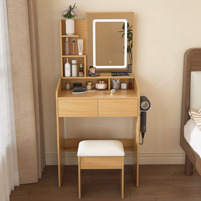 Compact Vanity Table With LED-Illuminated Mirror, Power Outlet, Hairdryer Holder And Stool, Ideal For Small Bedrooms And Cosmetic Organization