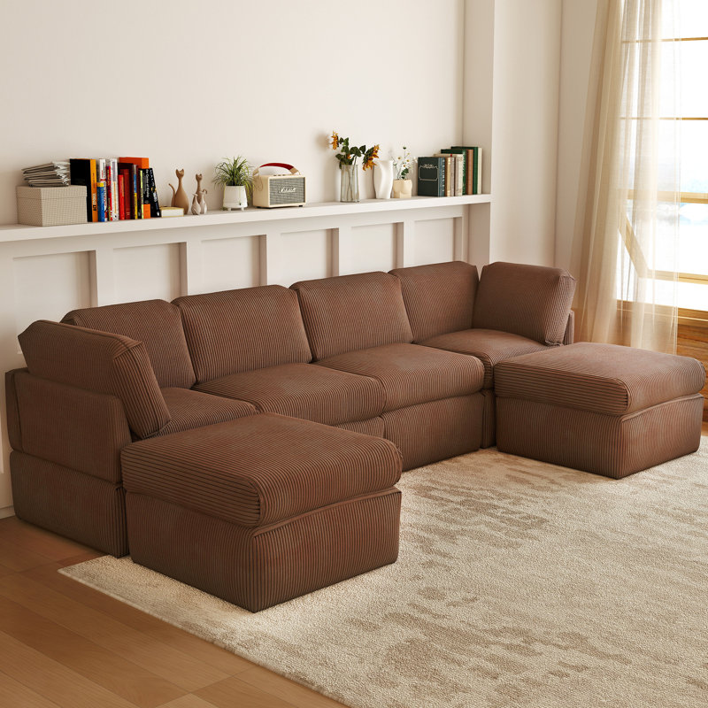 Joko 130.7" 6-Seater Corduroy Reversible Modular Corner Sectional Sofa with Ottoman U-Shape, Brown Corduroy