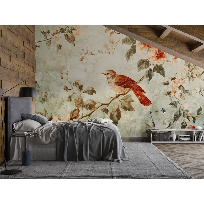 Murale oiseau rétro - papier peint botanique floral, décoration murale rustique Vn999 (Peel-N-Stick) 999VN, Peler et coller
