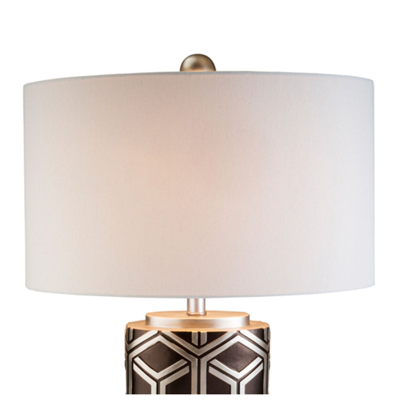 Lampe de table géométrique 29,5 po châtaignier moderne avec abat-jour en tissu blanc - corps en polyrésine et interrupteur rotatif à 3 voies, brun