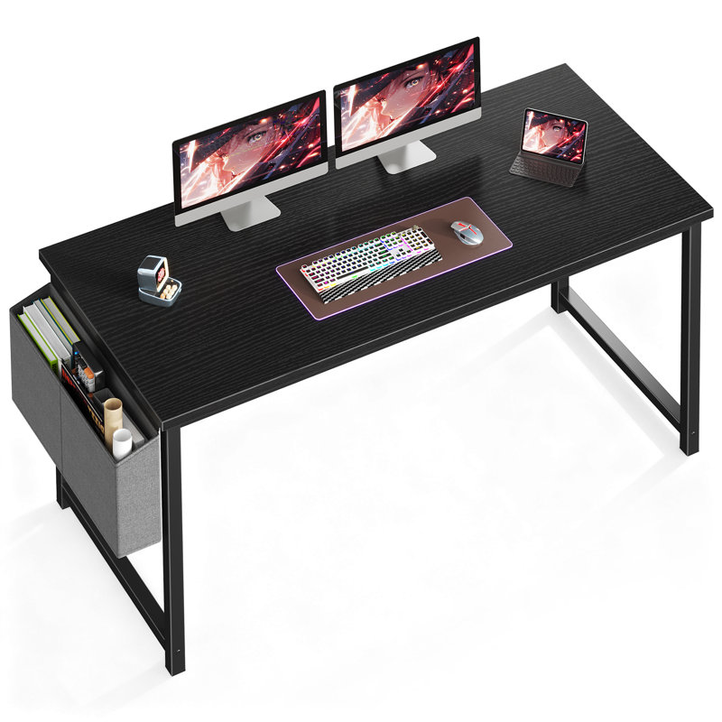 Bureau d'ordinateur de 55 po avec structure en métal, surface imperméable et sac de rangement - idéal pour le bureau, Black