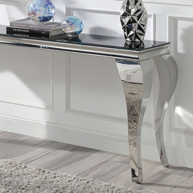 Console contemporaine avec plateau en verre noir et pieds de style cabriole en acier inoxydable de couleur argent, Noir