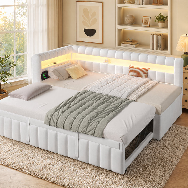 Structure de lit de jour moderne simple à très grand avec charge USB, tête de lit à DEL et lit gigogne caché, Blanc