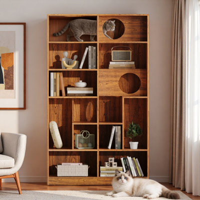 Modern 2 In 1 Wood Bookshelf Cat House With Open Shelves, Cat Houses And Pass-through Cat Holes