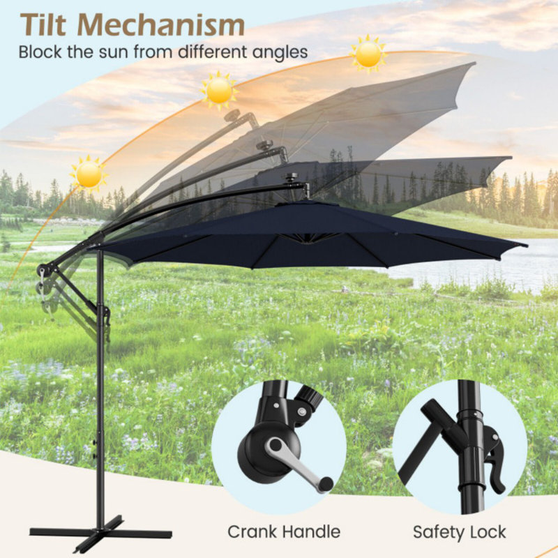 Coffee 10FT Solar-Lighted Cantilever Offset Patio Umbrella