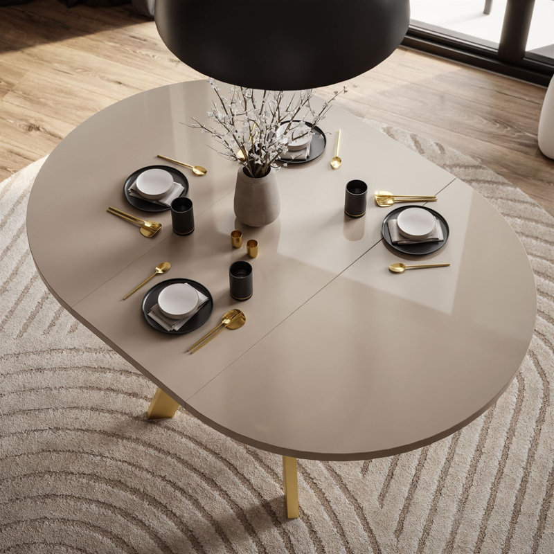 Extendable Round Metal Base Dining Table, Cashmere Gloss, Gold