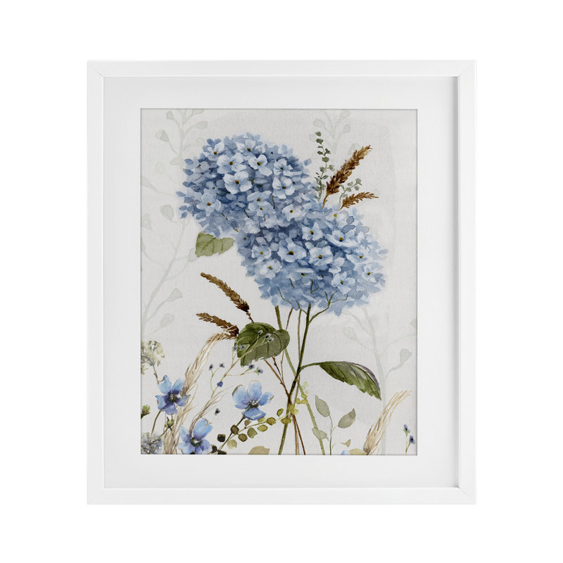 Blue Hydrangea Allure Framed Print Under Glass, design by Nan, 16" H x 13" W, Coastal White Frame