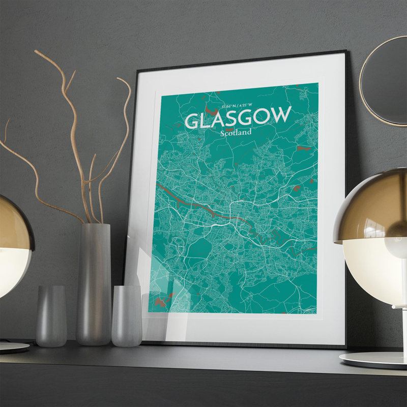 Carte de la ville de Glasgow, impression à l'encre, Vert / brun, H 27,6 po x l 19,7 po