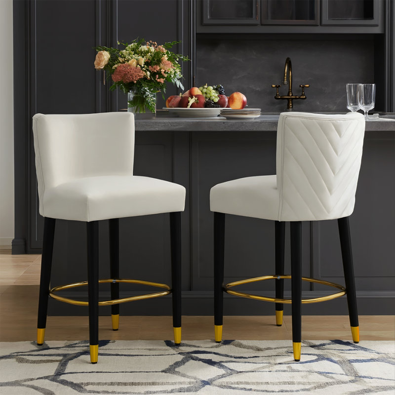 38.25'' H Solid Wood Velvet Counter Stool (Set of 2), Beige