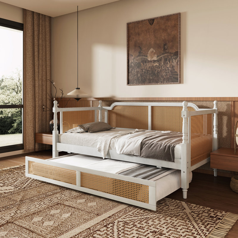 Lit de jour simple en rotin avec lit gigogne simple pour un espace limité, Antique White