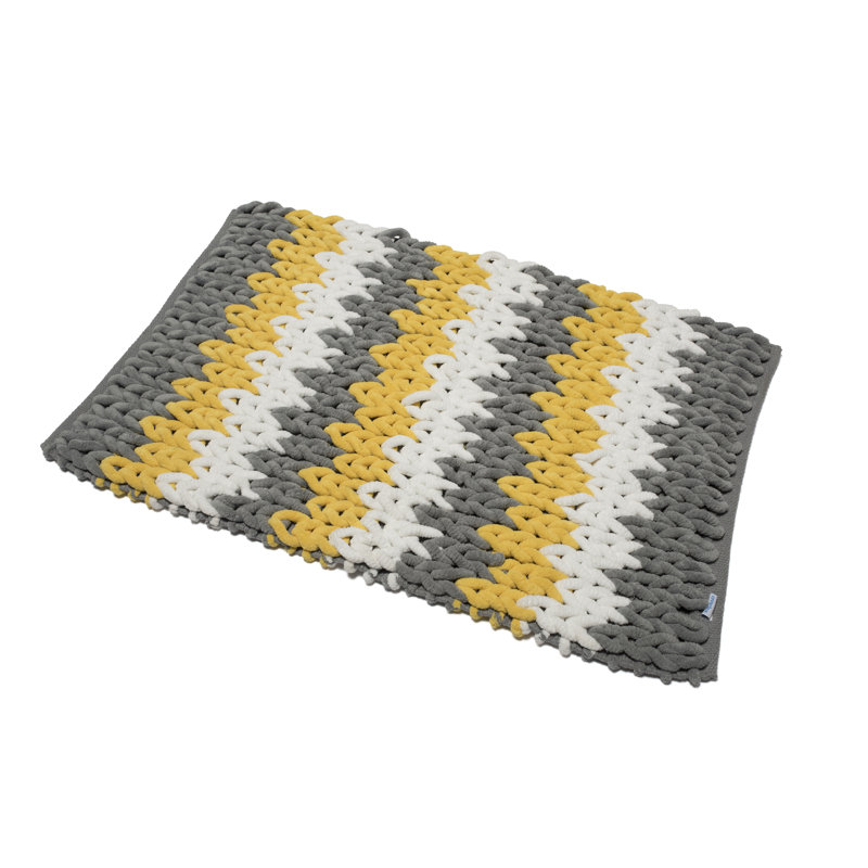 Chevron Patterned Soft Bath Mat Rug with Slip-Resistant Backing, Grey/Yellow