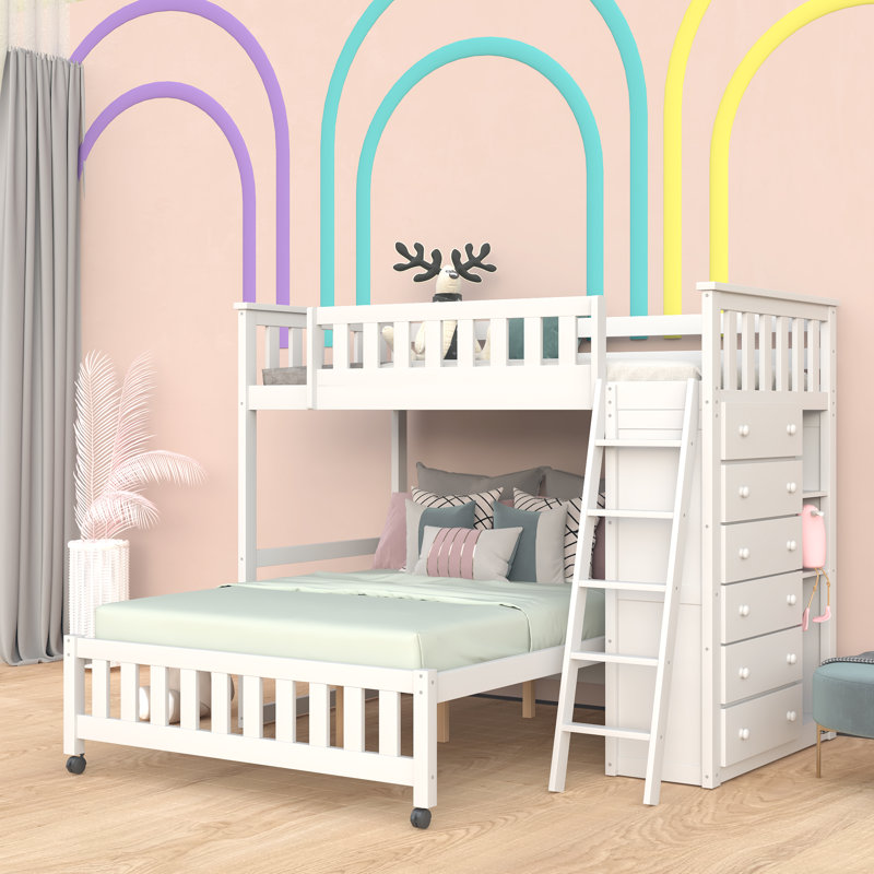 Ekansh Wooden Twin Over Full Bunk Bed With Six Drawers, White