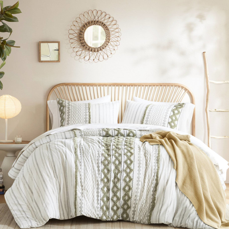 3 édredon en coton chenille double / grand, sauge / couleur, imprimé d'inspiration mondiale et taies décoratives assorties avec chevauchement de dos