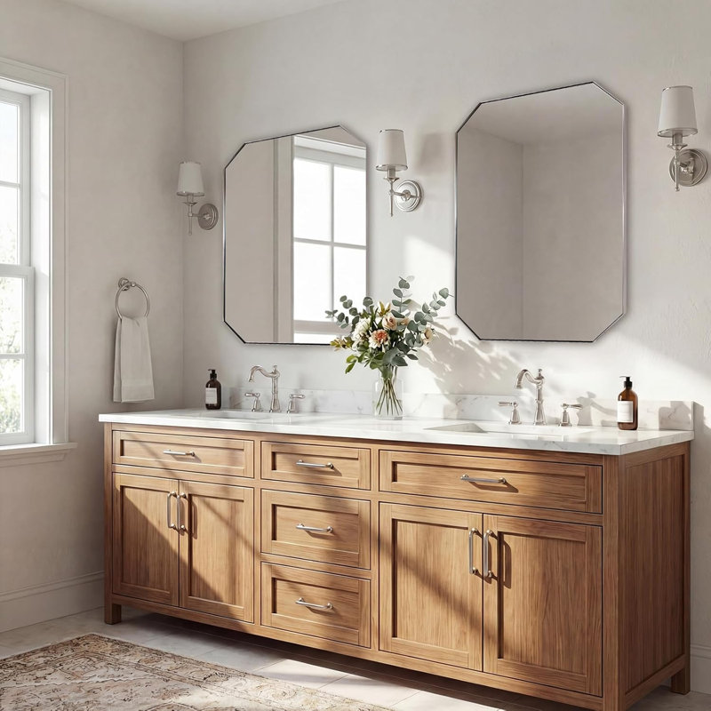 Contemporary Cut Corner Octagonal Scalloped Bathroom Vanity Mirror | Stainless Steel Frame, 40" x 30", Polished Chrome