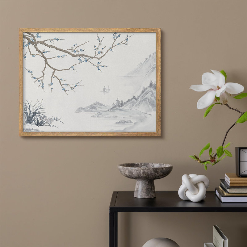 «Delicate Plum Blossoms and Misty Mountains in Ink Wash Style», affiche encadrée rustique, H 11 po x l 14 po