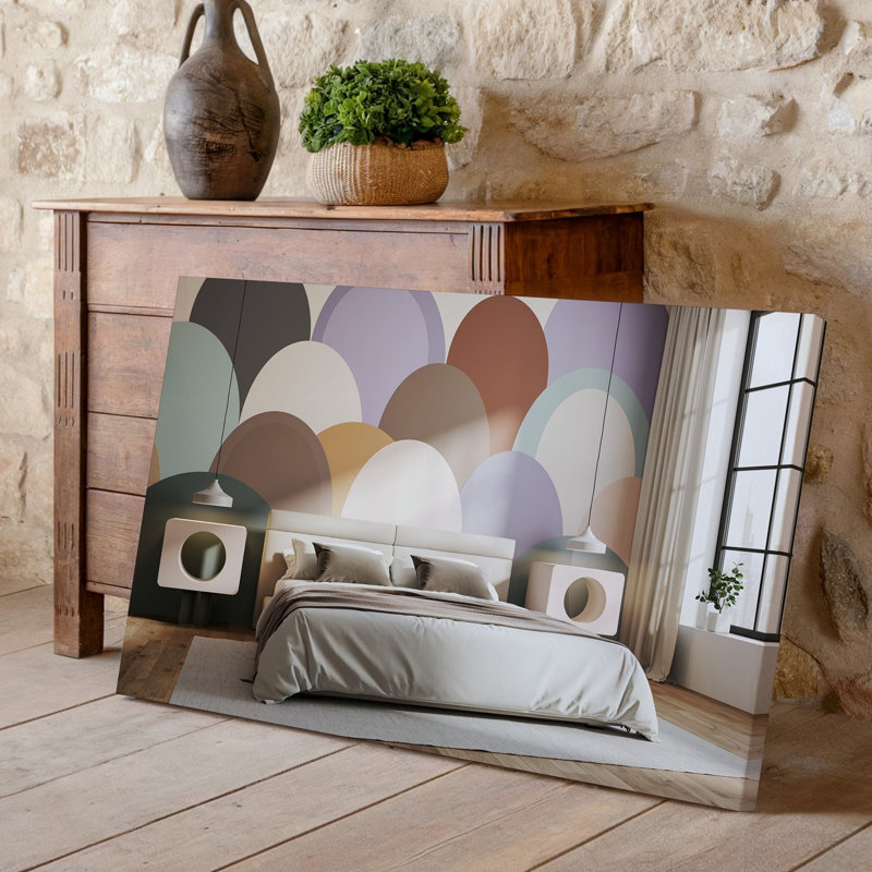 Reproduction d'art sur toile, une chambre à coucher contemporaine sereine avec un lit moelleux à profil bas avec une literie douce et neutre et deux grands coussins moelleux