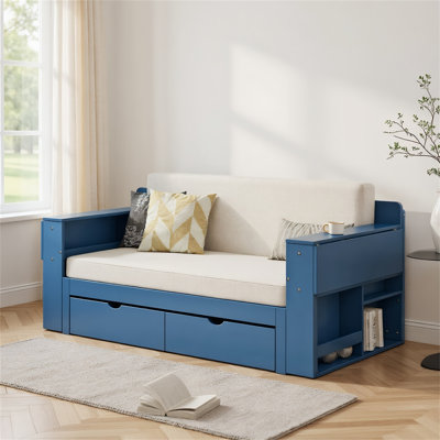 4-In-1 Full Size Daybed With Removable Desk, Storage Drawers & Hydraulic Side Table – Versatile Multifunctional Furniture For Living, Sleeping & Working, Blue