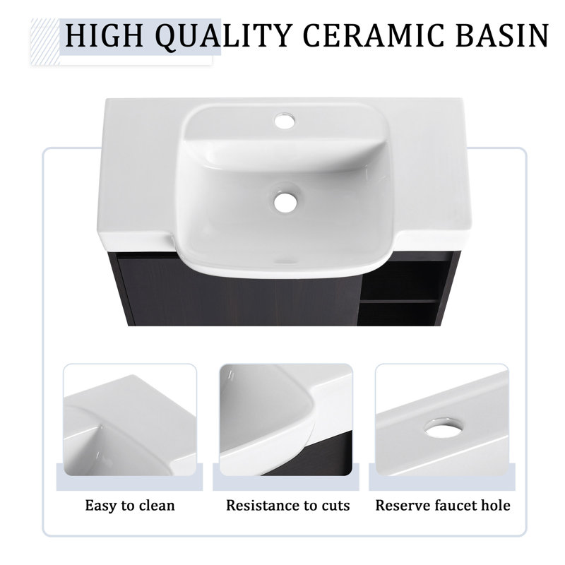 Meuble-lavabo mural 28 po avec lavabo en céramique blanche et porte à fermeture en douceur, emballage KD, chêne foncé