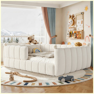 Grand lit beige rembourré Montessori pour enfants avec rails de sécurité, mobilier de chambre d'enfant