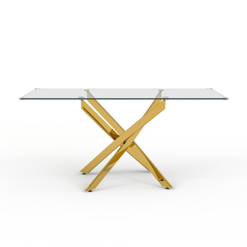 Rectangular Glass Dining Table For 4, 63" Modern Tempered Glass With High-Back PU Leather Cushioned Chairs, Gold, Gray/Gold