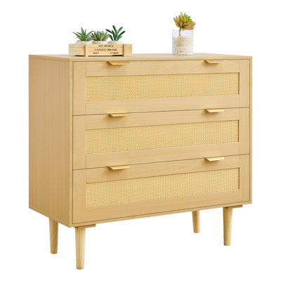 3 Drawer Rattan Dresser, Modern Closet Dresser for Bedroom, Natural Rattan Chest of Drawers with Metal Handles & Wooden Legs, Chest Clothing Organizer & Storage for Bedroom, Living Room, Hallway