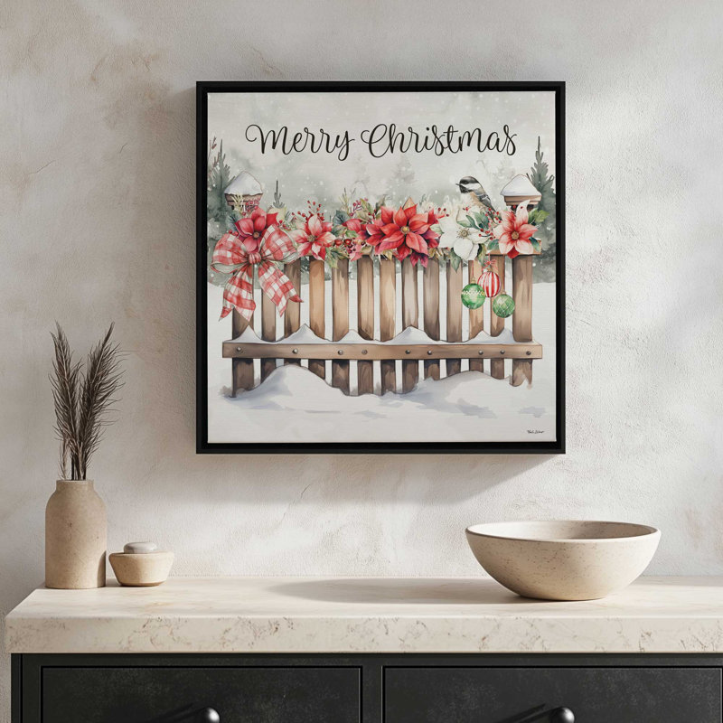 «Merry Christmas Fence» par Nicole DeCamp, reproduction d'art, L 12 po x H 12 po, Argent, Toile avec cadre
