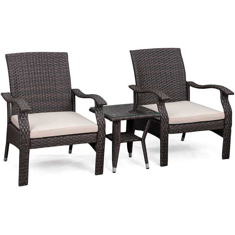 Miles Patio Sense 3 pc Wicker Set-Dark Brown-with 2 Chairs & Coffee End Table with Glass Top - Mocha Finsh