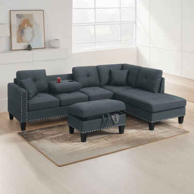 Canapé modulaire 3 pièces Rema, méridienne, repose-pieds, 2 coussins, lin Rema
