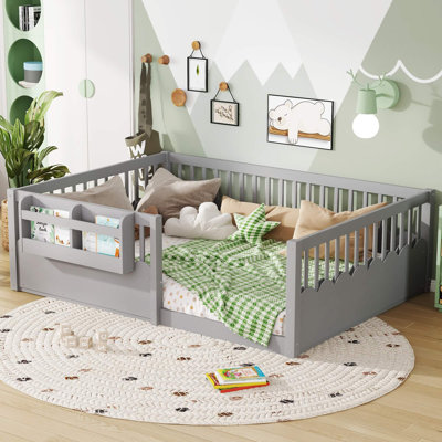 Queen Floor Bed With Bookshelf & Heightened Safety Fence, Low-Profile Wooden Montessori Bed For Kids