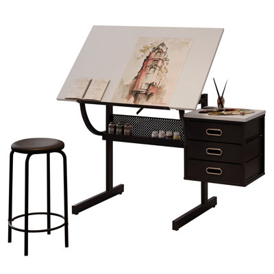 White Tabletop  Adjustable Drafting  Drawing Table For Crafting, Reading, Writing With Stool And 3 Storage Drawers