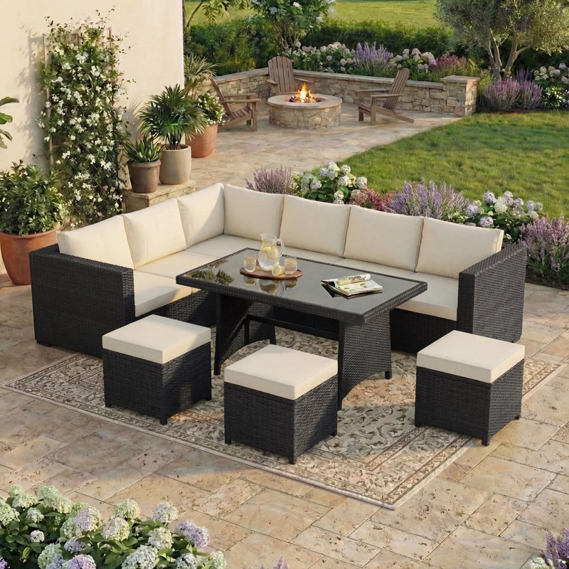 Prweitt Rattan 9 - Person Seating Group with Cushions, UKFR Certified, Black
