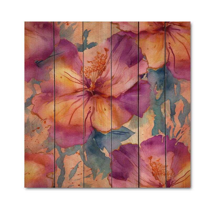Impression d'hibiscus mauve et orange sur bois, H 15 po x l 15 po x P 0,78 po
