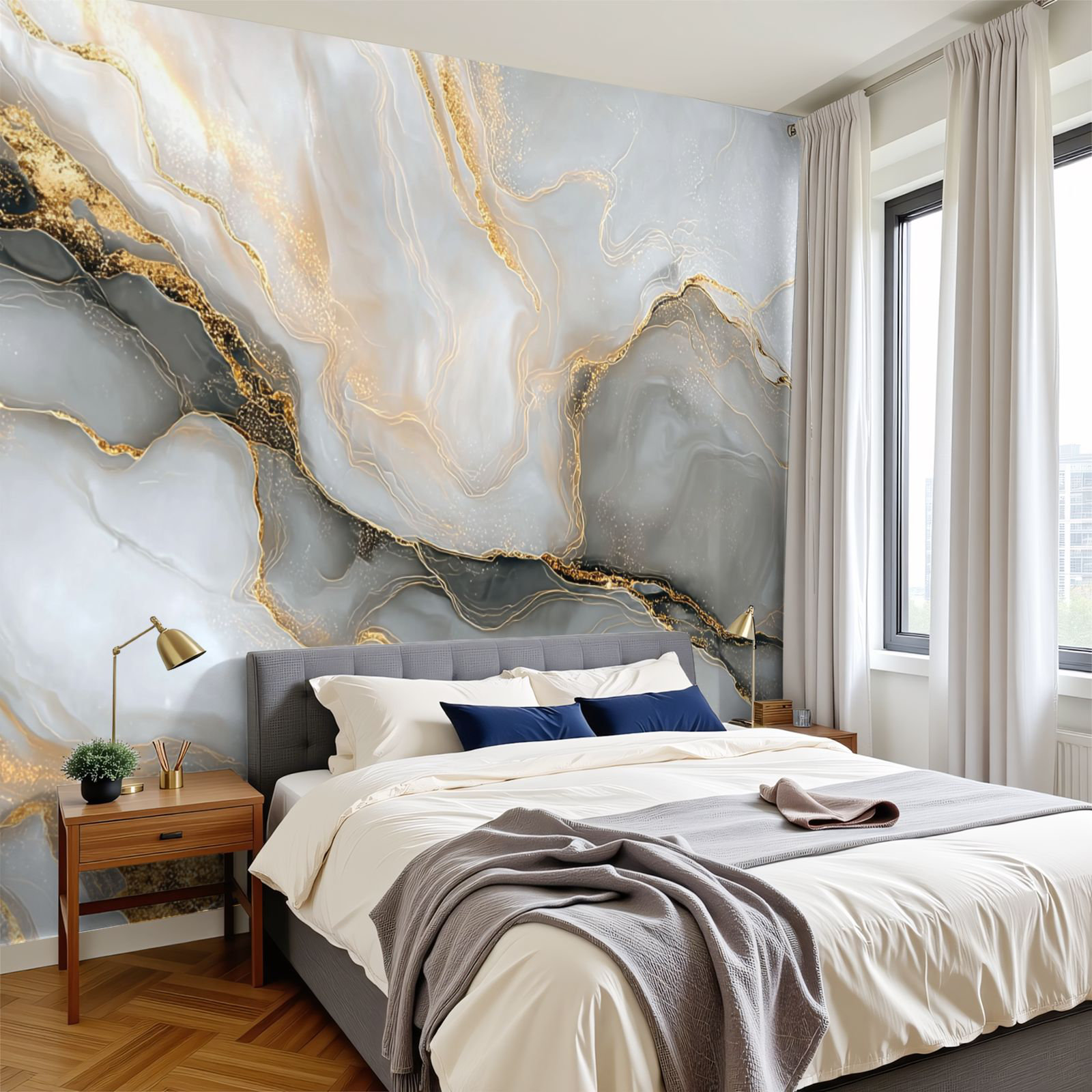 Red Barrel Studio Peel and Stick Wallpaper White gold marble texture ...