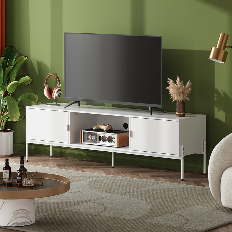 TV Stand for 65 Inch TV, Mid Century Modern Entainment Center with 2 Storage Cabinets & Open Shelf, TV Console Table Media with Metal Legs for Living Room, Bedroom