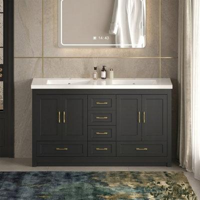 Meuble-lavabo autoportant 60 po avec lavabo et comptoir 60 po, 4 portes à fermeture douce et 6 tiroirs