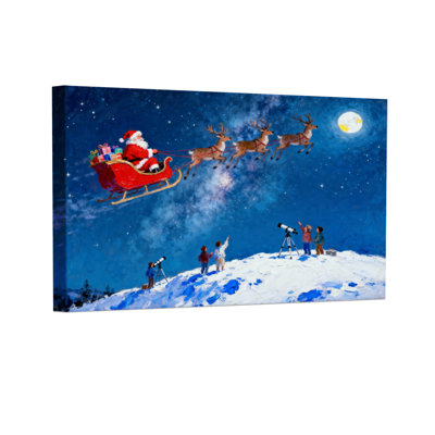 «Christmas Santa Flying Sleigh Reindeer Moon Snow People Telescope», ensemble de 3 impressions sur toile
