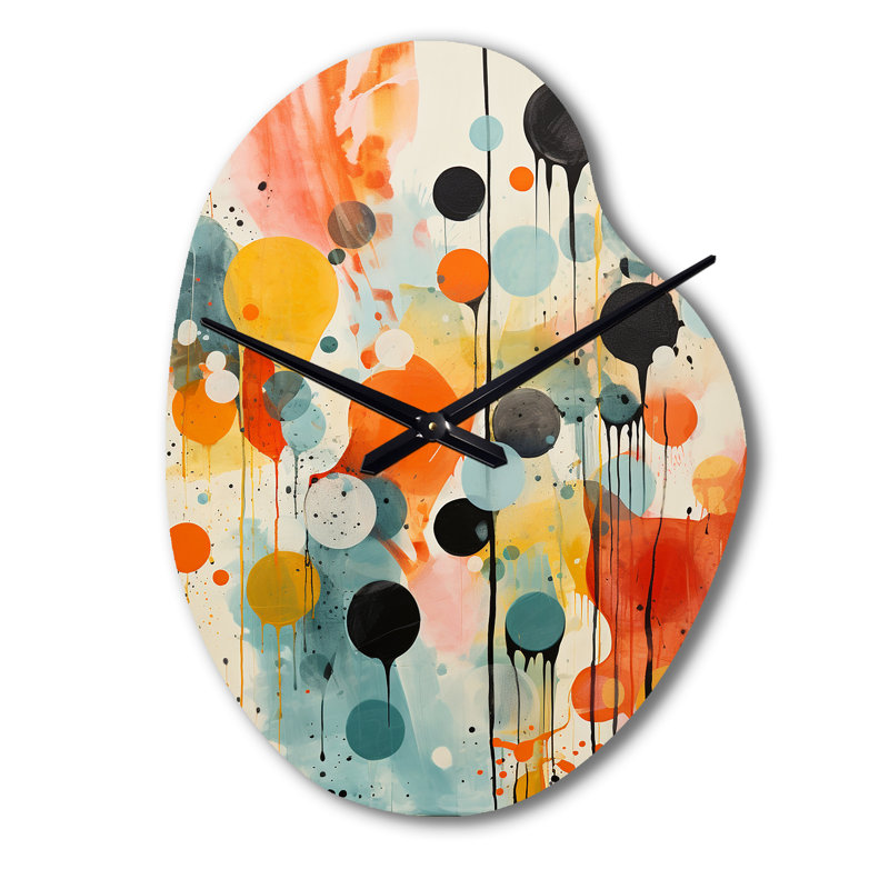 Abstraction atomique colorée du milieu du siècle I - horloges murales asymétriques modernes en métal de style Mid-Century, impression d'horloge murale de forme unique moderne