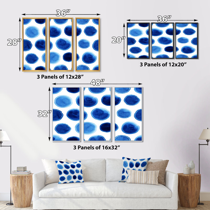 Pois dans les tons de bleu foncé II - ensemble d'art mural moderne sur toile encadrée 3, H 20 po x l 36 po x P 1 po, Or