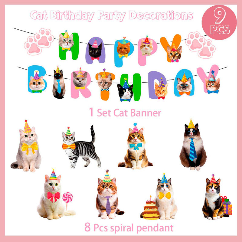 Décorations de fête d'anniversaire pour chat, 9 pièces décorations d'anniversaire pour chat