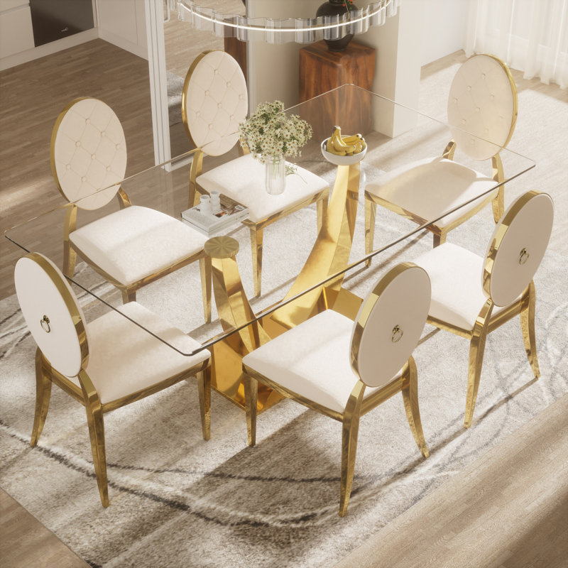 Ensemble de table de salle à manger rectangulaire en verre trempé avec fauteuil Luxtry, Beige, Doré, 7