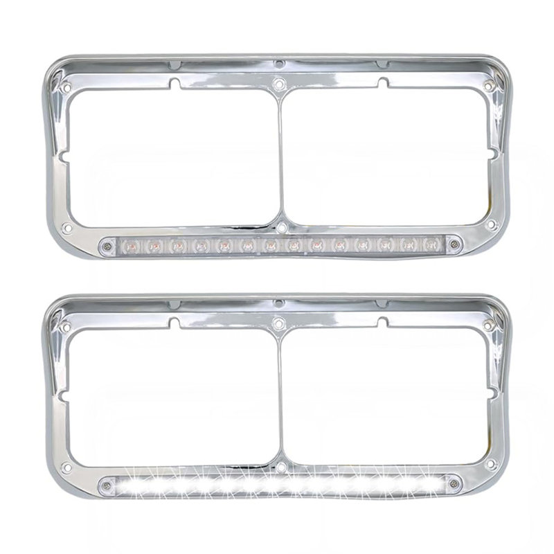 Chrome Rectangular Dual Headlight Bezels With Clear Lens + White LED 2Pcs