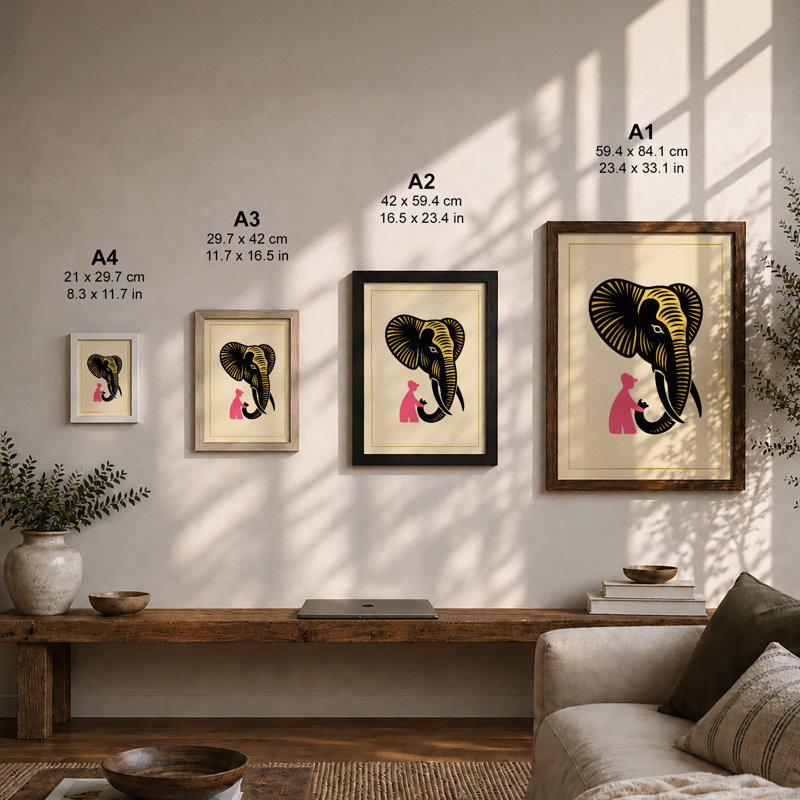 Figure Beneath Elephant Minimalist - Framed Print, A3 - 42.0 x 29.7 cm, Black
