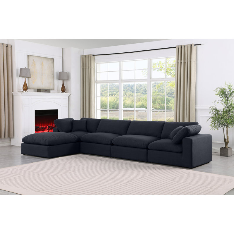Ishneet Upholstered L-Shaped Sectional Reversible, Black Linen Textured Fabric