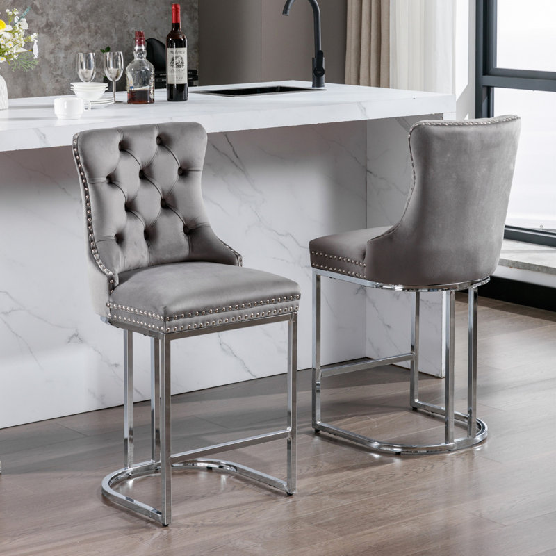 26 Inch Counter Height Bar Stools Set Of 2, Modern Velvet Upholstered With Button Back And Rivet Trim, Sturdy Chromed Metal Base For Kitchen And Home Bar