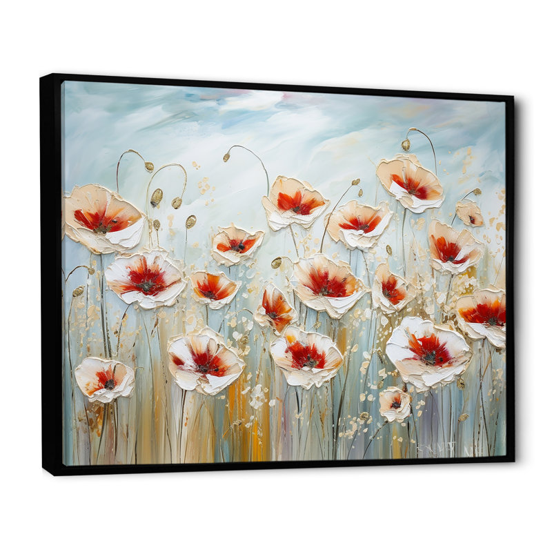 Champ de coquelicots rouges et gris, H 24 po x l 32 po x P 1 po, Cadre flottant noir