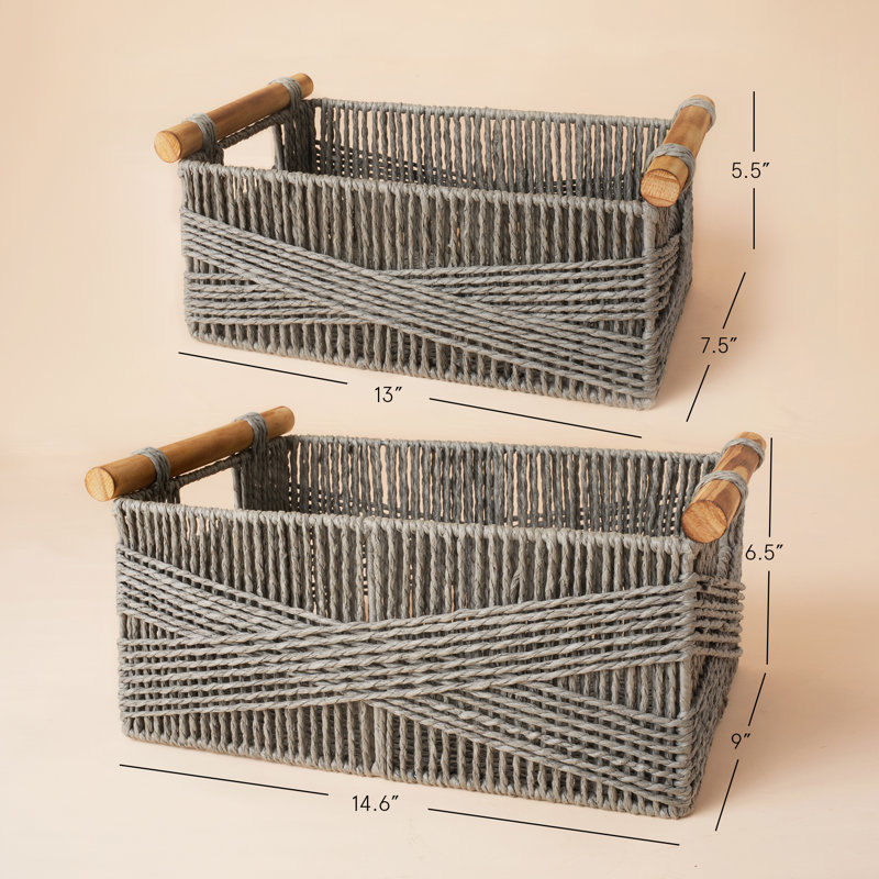Paper Rope Basket with Wooden Handles, Gray