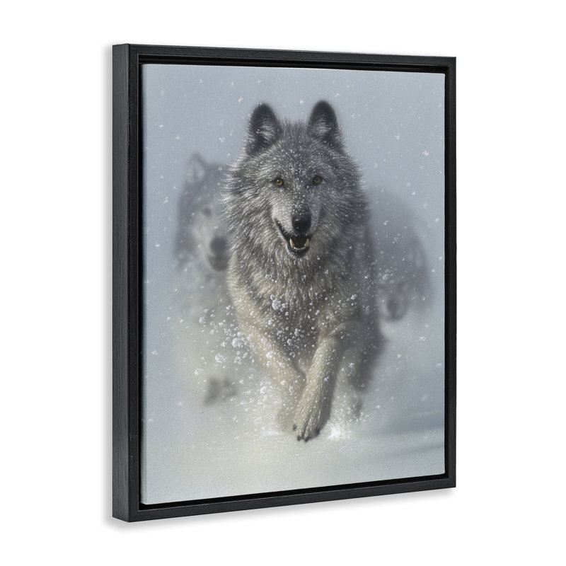 Snow Plow Running Wolf Pack Floating Frame, design by Collin Bogle, Jet Black Floater Frame, 21" H x 17" W