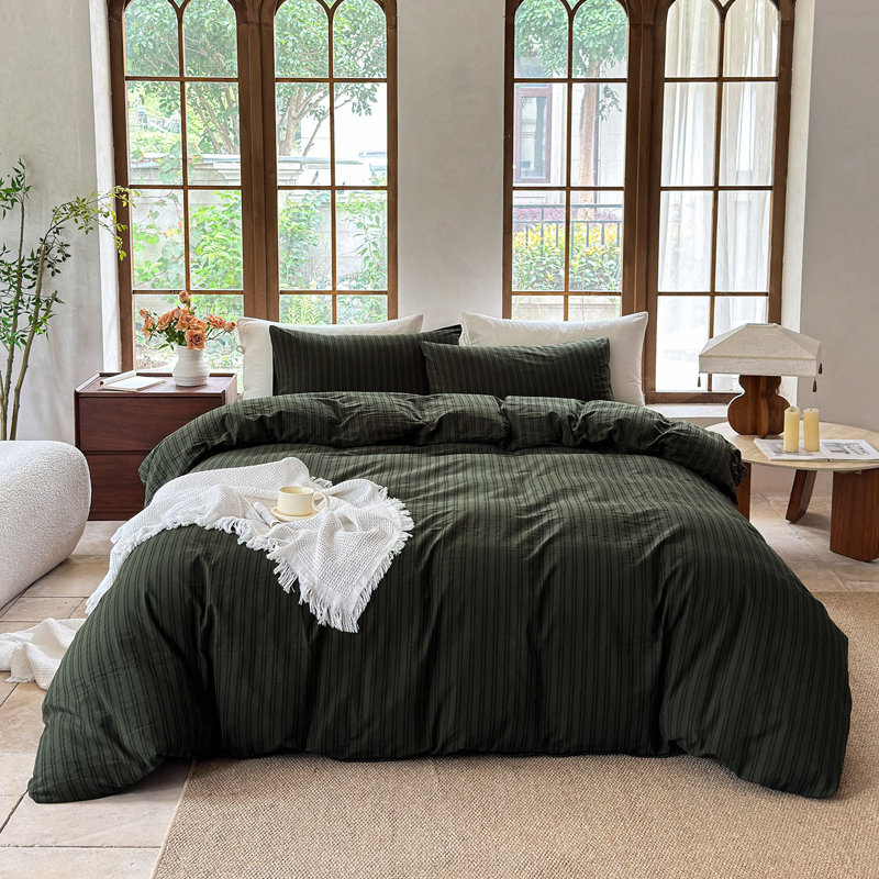 Ensemble de housse de couette rayé 100% coton délavé DONEUS, Housse de couette pour très grand lit et 2 taies 