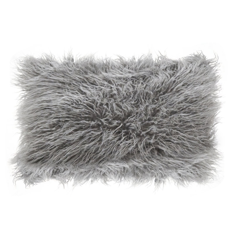 Small Gray Faux Mongolian Fur Lumbar Pillow