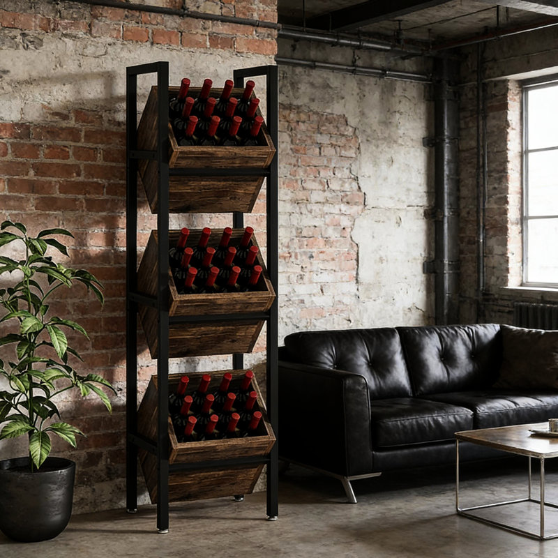 Support à vin autoportant industriel chic, brun rustique et tons de bois chaleureux, rangement incliné spacieux pour 36 bouteilles, construction, support de salon idéal avec des tons, compact, range les bouteilles
